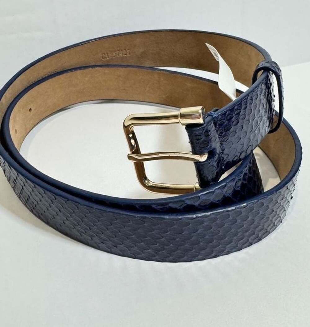 Ann Taylor Blue Snakeskin Embossed Leather Belt Gold Buckle Size M NWT